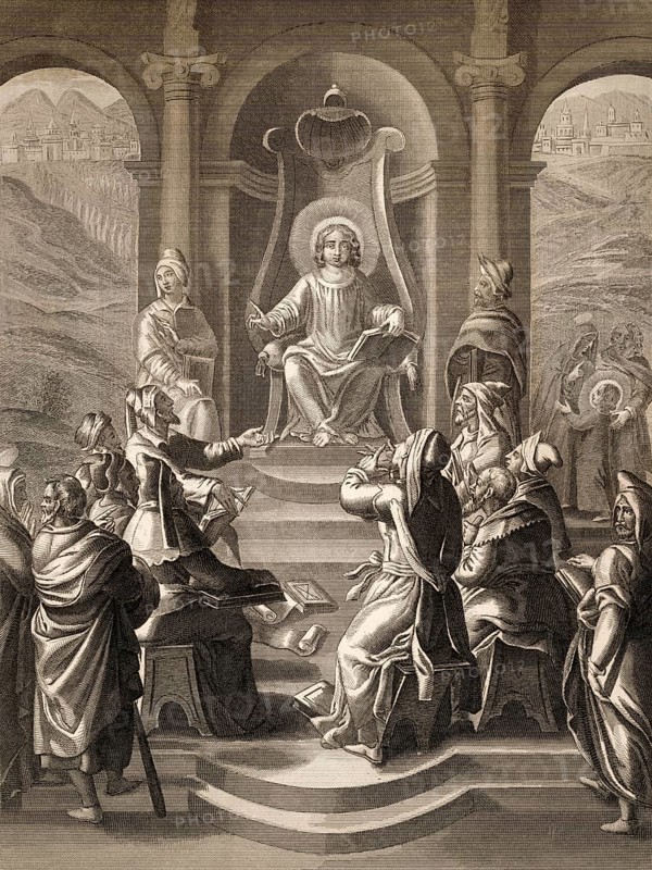 Jesus with the scholars in the Temple, Steel engraving 1853, digitally restored