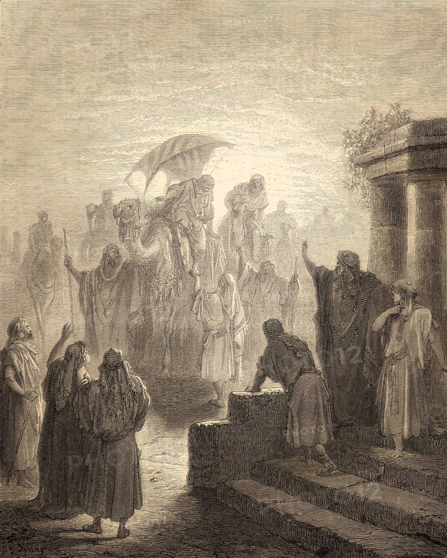 Isaac meets Rebekah, woodcut by Gustave Doré