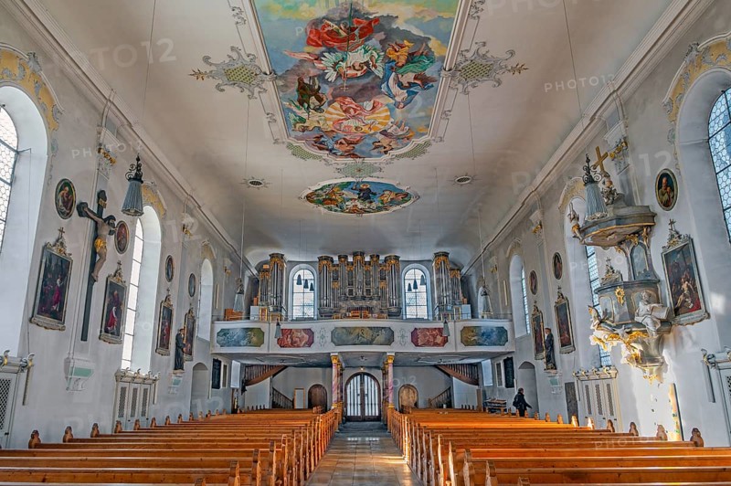 Ceiling frescoes and organ loft, St Michael's parish church, Sonthofen, Allgäu, Bavaria, Germany, Europe