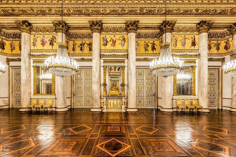 Turin, Italy, 17 november 2023: baroque ballroom interior in Royal Palace, 1842. Luxury marble, antique chandelier, classic floor, Europe