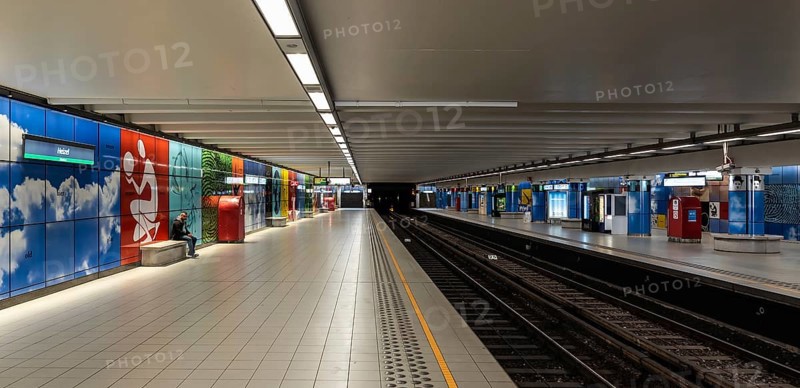 Brussels Old Town, Brussels Capital Region, Belgium, 04 09 2020 Blue interior design of the Heysel Heizel metro station with empty platforms during lockdown, Europe