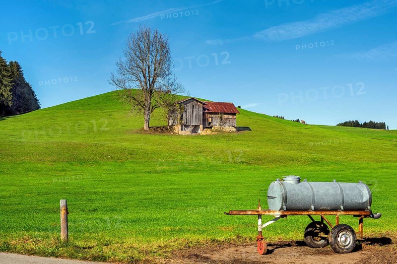 Barn on a green meadow, water tank as a cattle trough, blue sky, near Muderbolz Allgäu, Bavaria, Germany, Europe