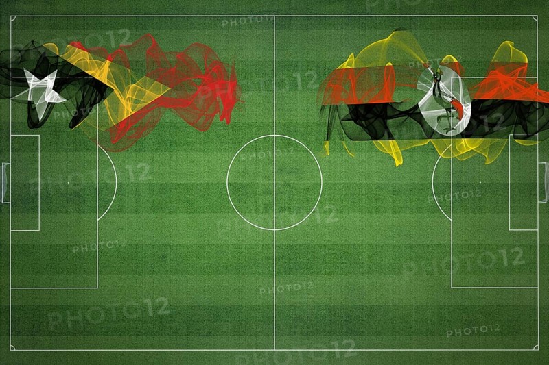 East Timor vs Uganda Soccer Match, national colors, national flags, soccer field, football game, Competition concept, Copy space