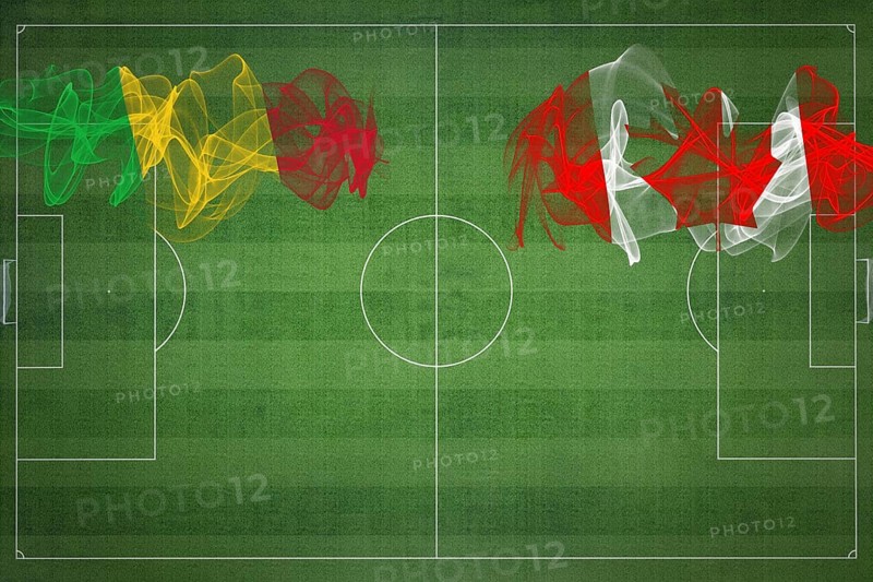 Mali vs Canada Soccer Match, national colors, national flags, soccer field, football game, Competition concept, Copy space