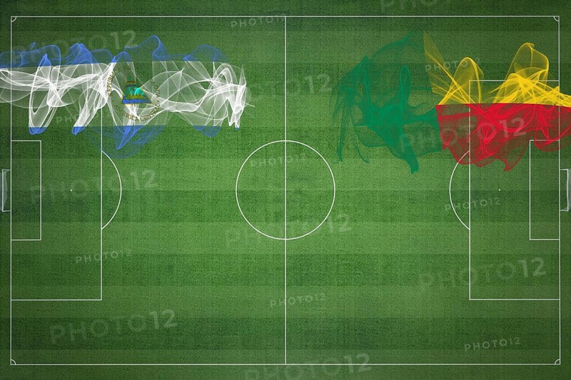 Nicaragua vs Benin Soccer Match, national colors, national flags, soccer field, football game, Competition concept, Copy space