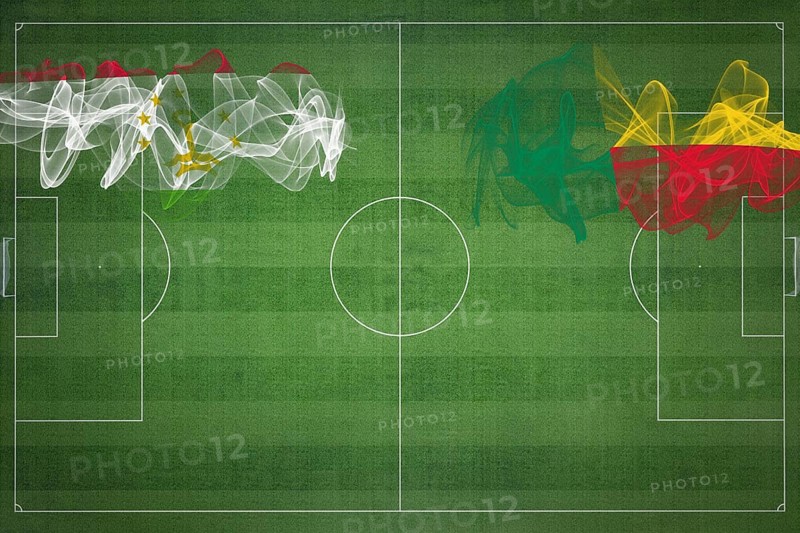 Tajikistan vs Benin Soccer Match, national colors, national flags, soccer field, football game, Competition concept, Copy space