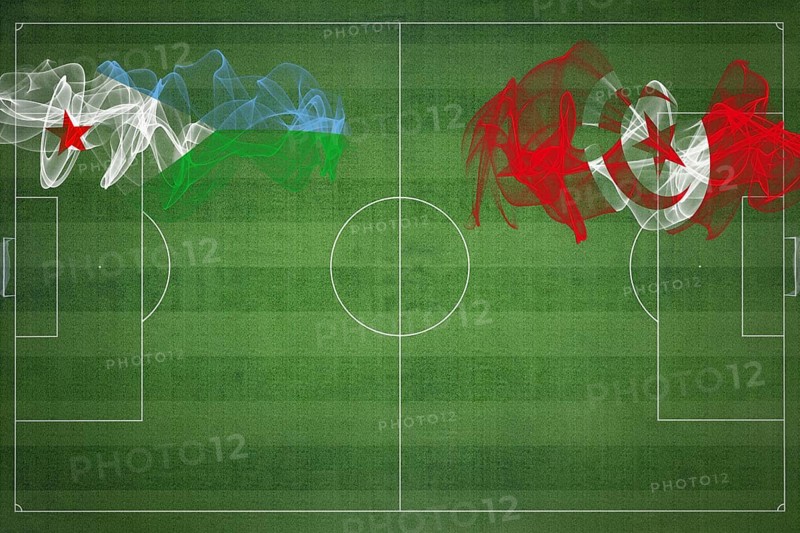 Djibouti vs Tunisia Soccer Match, national colors, national flags, soccer field, football game, Competition concept, Copy space