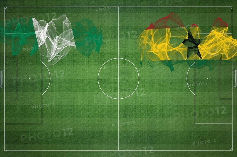 Nigeria vs Ghana Soccer Match, national colors, national flags, soccer field, football game, Competition concept, Copy space