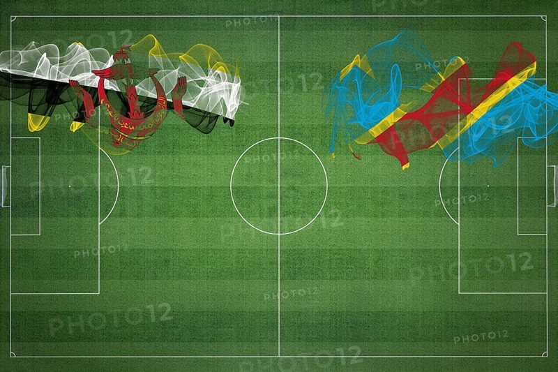 Brunei vs DR Congo Soccer Match, national colors, national flags, soccer field, football game, Competition concept, Copy space