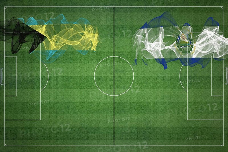 Bahamas vs El Salvador Soccer Match, national colors, national flags, soccer field, football game, Competition concept, Copy space