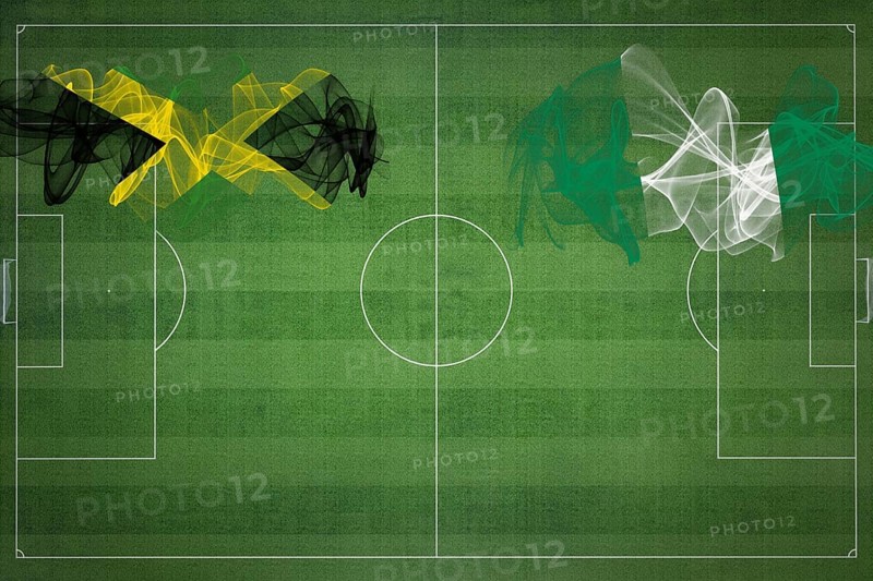 Jamaica vs Nigeria Soccer Match, national colors, national flags, soccer field, football game, Competition concept, Copy space
