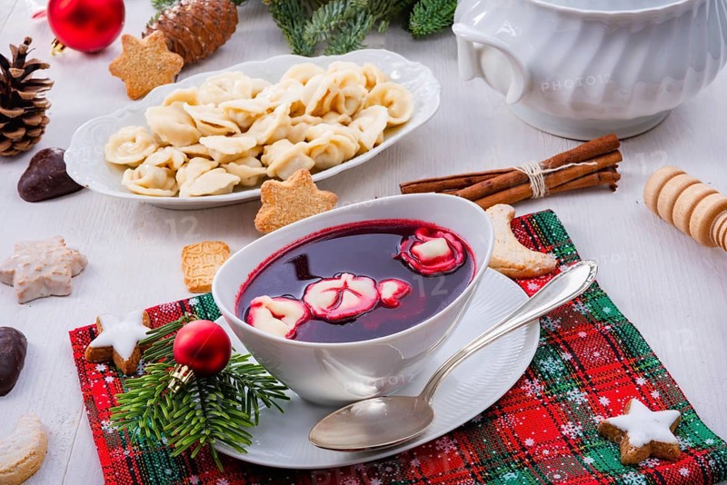 Barszcz (beetroot soup) with small pierogi