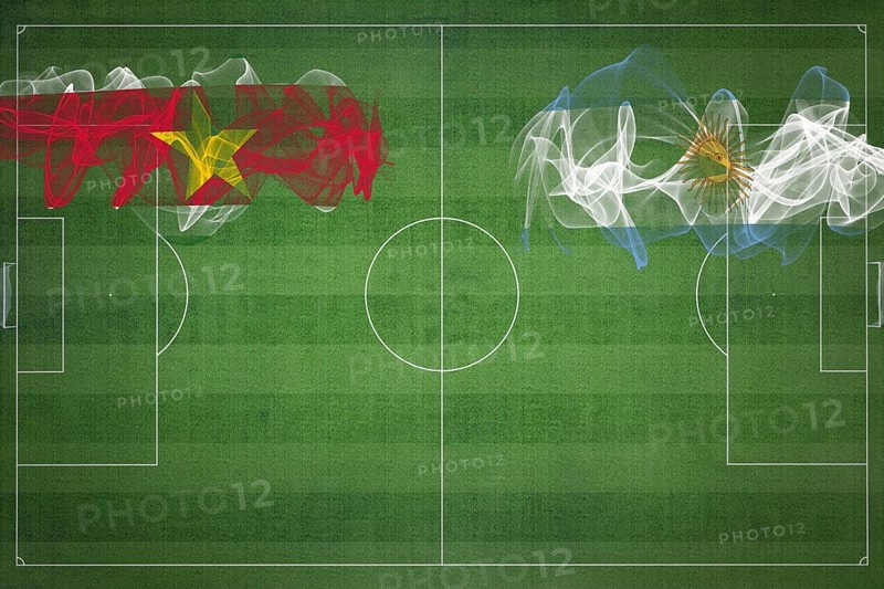 Suriname vs Argentina Soccer Match, national colors, national flags, soccer field, football game, Competition concept, Copy space