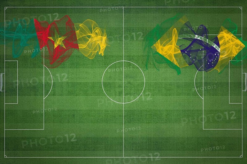 Cameroon vs Brazil Soccer Match, national colors, national flags, soccer field, football game, Competition concept, Copy space