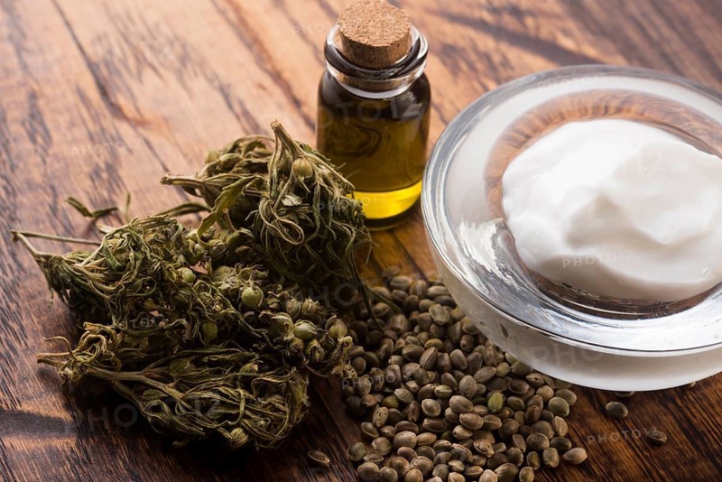 Cannabis oinment natural product. Cosmetic cream from natural hemp, moisturizing lotion with CBD content