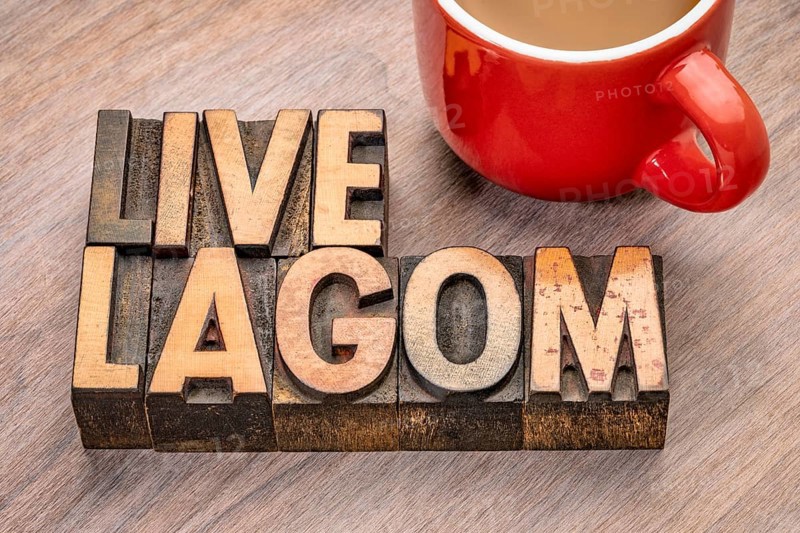 Live lagom word abstract in vintage letterpress wood type blocks, Swedish balanced lifestyle concept