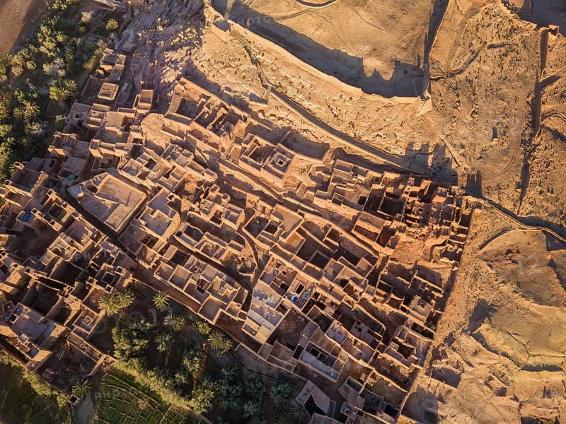 Aerial top view on Kasbah Ait Ben Haddou in the Atlas Mountains, Morocco, Africa