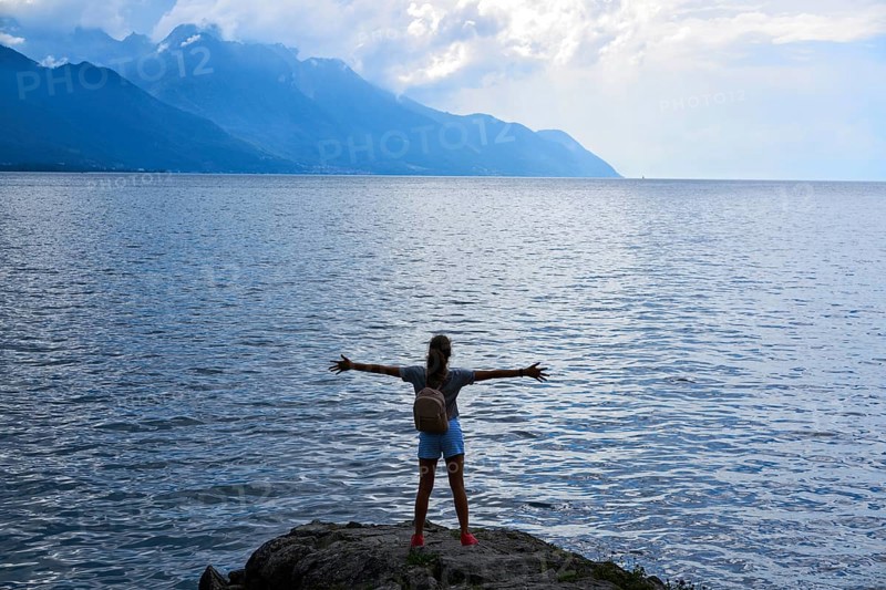 Geneve Lake Leman Geneva backpack tourist girl Switzerland Swiss