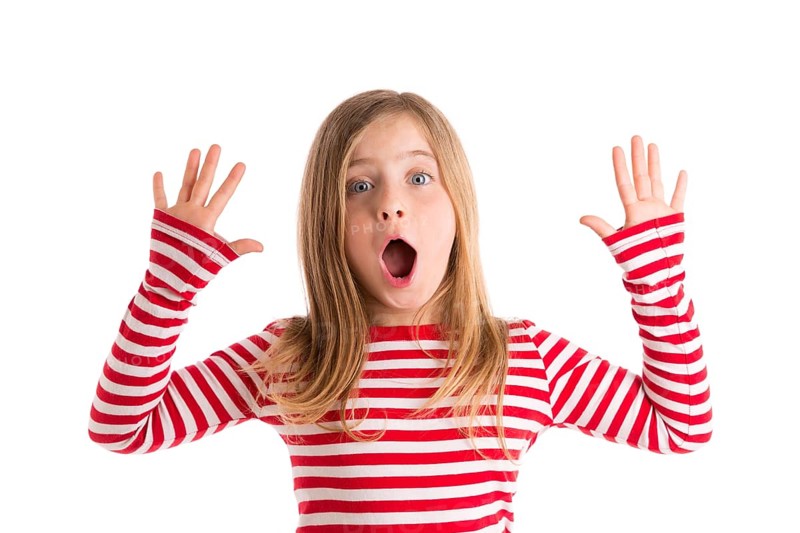 Blond kid girl open mounth and hands happy expression gesture on white