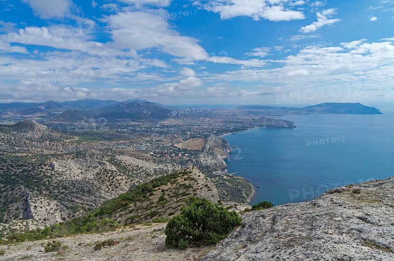 View of the seaside town from the slope of the mountain. Crimea