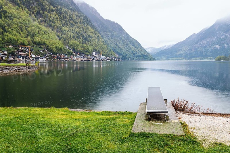 Springboard in the Lake of Hallstatt a foggy day