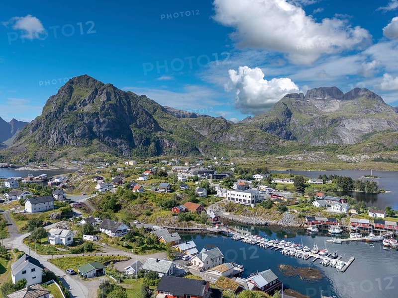 Aerial view, village scene in rugged landscape, Sorvagen, Lofoten, Norway, Europe