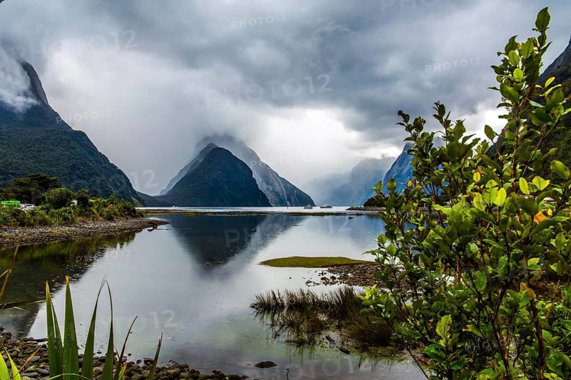 Land of hobbits and goblins. New Zealand. Storm clouds cover the sky over the ocean fjord Milford Sound. Sunlight breaks through storm clouds. Concept of active and photographic tourism