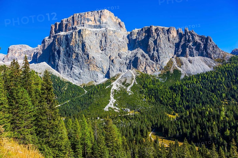Colossal white and gray rocks against the blue sky. The most beautiful route in the Italian Dolomites. The coniferous forests. The concept of active and car tourism