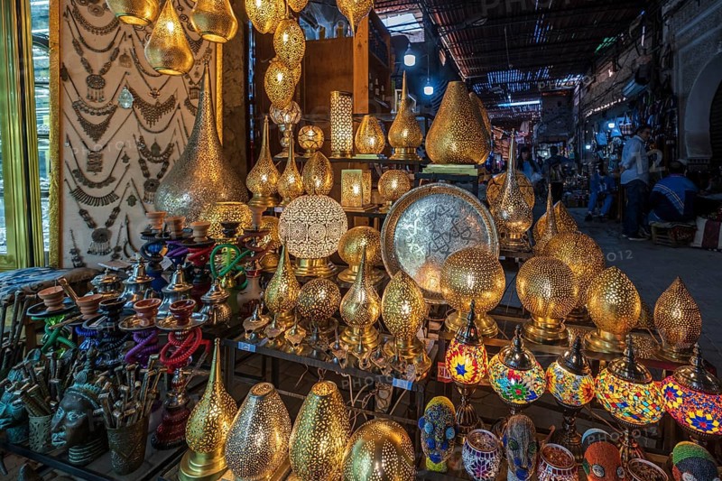 Worked brass lamps, souk street, marrakesh, morocco