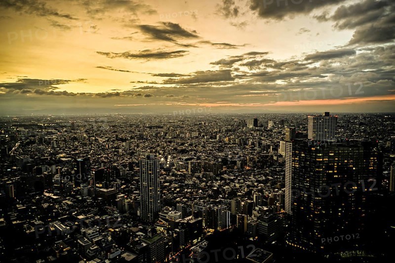 Shinjuku of city landscape and sunset visible from the observatory of the Tokyo Metropolitan Government Building. Shooting Location: Tokyo metropolitan area