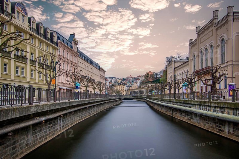 Cityscape in winter. Cityscape with historic buildings in an old town from the Baroque period. Cityscape Karlovy Vary, Czech Republic, Europe