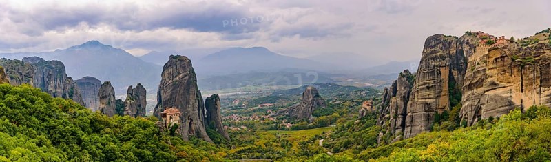 Panorama of the landscape of monastery and rock formation in Meteora, Greece, Europe