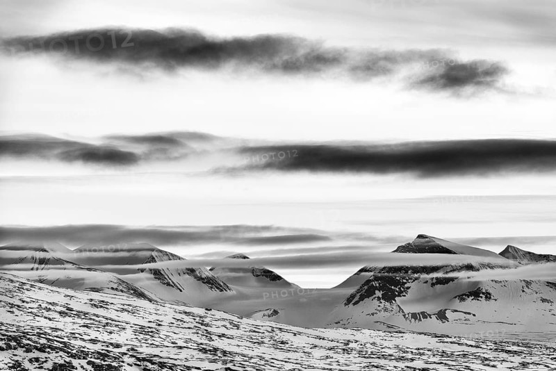 View of peaks in Sarek National Park, Laponia World Heritage Site, Norrbotten, Lapland, Sweden, May 2017, Europe