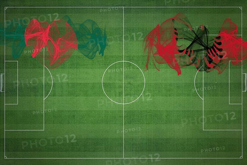 Bangladesh vs Albania Soccer Match, national colors, national flags, soccer field, football game, Competition concept, Copy space