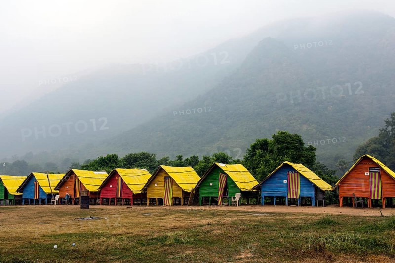 Kollur Bamboo Camp tents, Rajahmundry, Andhra Pradesh, India, Asia