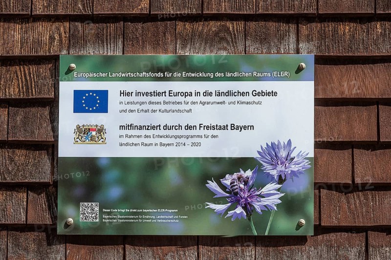 Wooden shingle wall with information sign, agricultural fund, near Niedersonthofen, Allgäu, Swabia, Bavaria, Germany, Europe