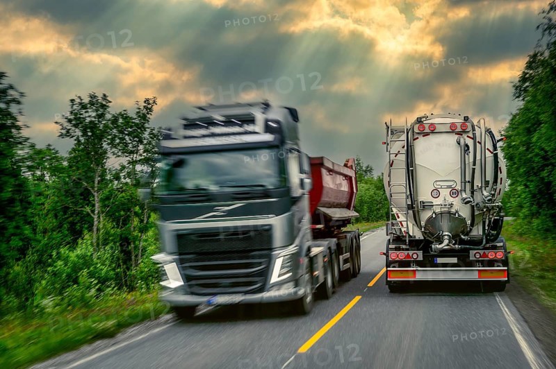 2 lorries, oncoming traffic, narrow road, European road E6, Trofors, Norway, public ground, Europe