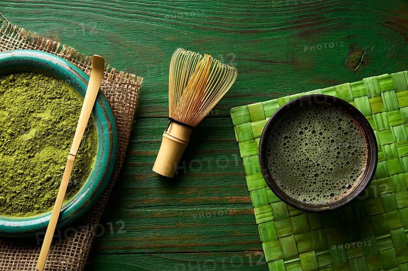 Matcha tea powder bamboo whisk chasen and spoon for japanese ceremony