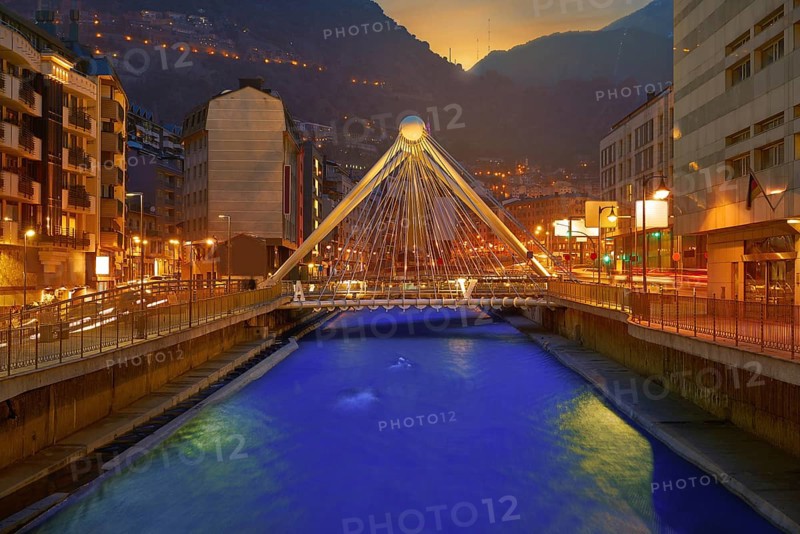 Andorra la Vella Paris bridge sunset over Valira river in Pyrenees