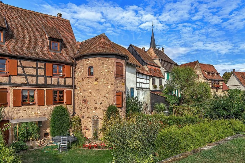 Houses on the site of the city historic fortifications in Bergheim, Alsace, France, Europe