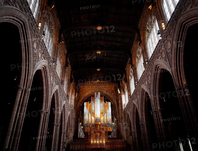 Manchester, United Kingdom, July 16 2019: Interior architecural details of the famous and beautiful Catholic Cathedral of Manchester in United Kingdom, Europe