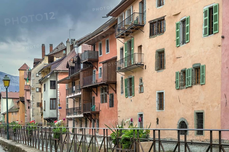 Historic houses along the Thiou river in Annecy old town, France, Europe
