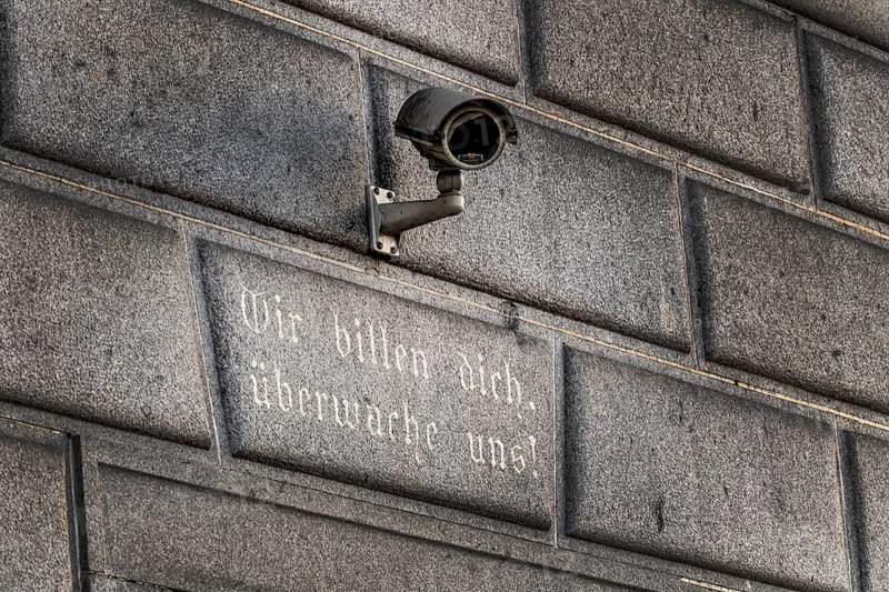Surveillance camera on a building, symbol for surveillance, internal security, control, data protection Austria