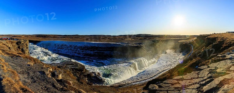 Gullfoss waterfall with ice, panorama, river Hvítá, Haukadalur, Golden Circle, South Iceland Iceland