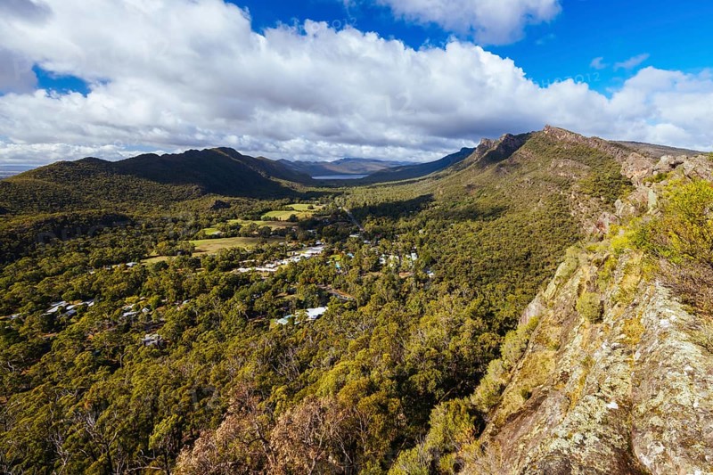Iconic views from Chatauqua Peak over Halls Gap and surrounds on a warm autumn sunny day in Victoria, Australia, Oceania