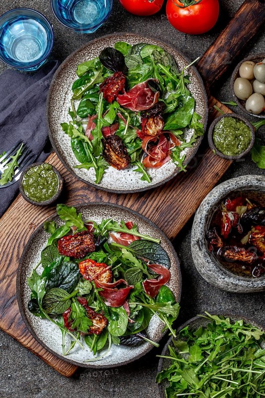 Food, Food, Salad with arugula, spinach, dried tomato and ham serrano paleta iberica. Low carbs keto recipe
