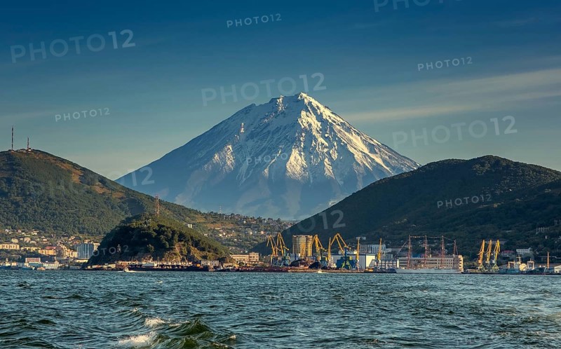 View of the city Petropavlovsk-Kamchatsky, Avacha Bay and Koryaksky volcano, Russian Far East, Kamchatka Peninsula