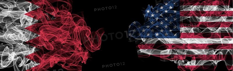 Flags of Bahrain and USA on Black background, Bahrain vs USA Smoke Flags
