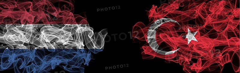 Flags of Netherlands and Turkey on Black background, Netherlands vs Turkey Smoke Flags