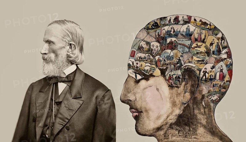 Orson Squire Fowler, 1809 – 1887, American phrenologist with a Phrenological Chart, head with mental and moral faculties